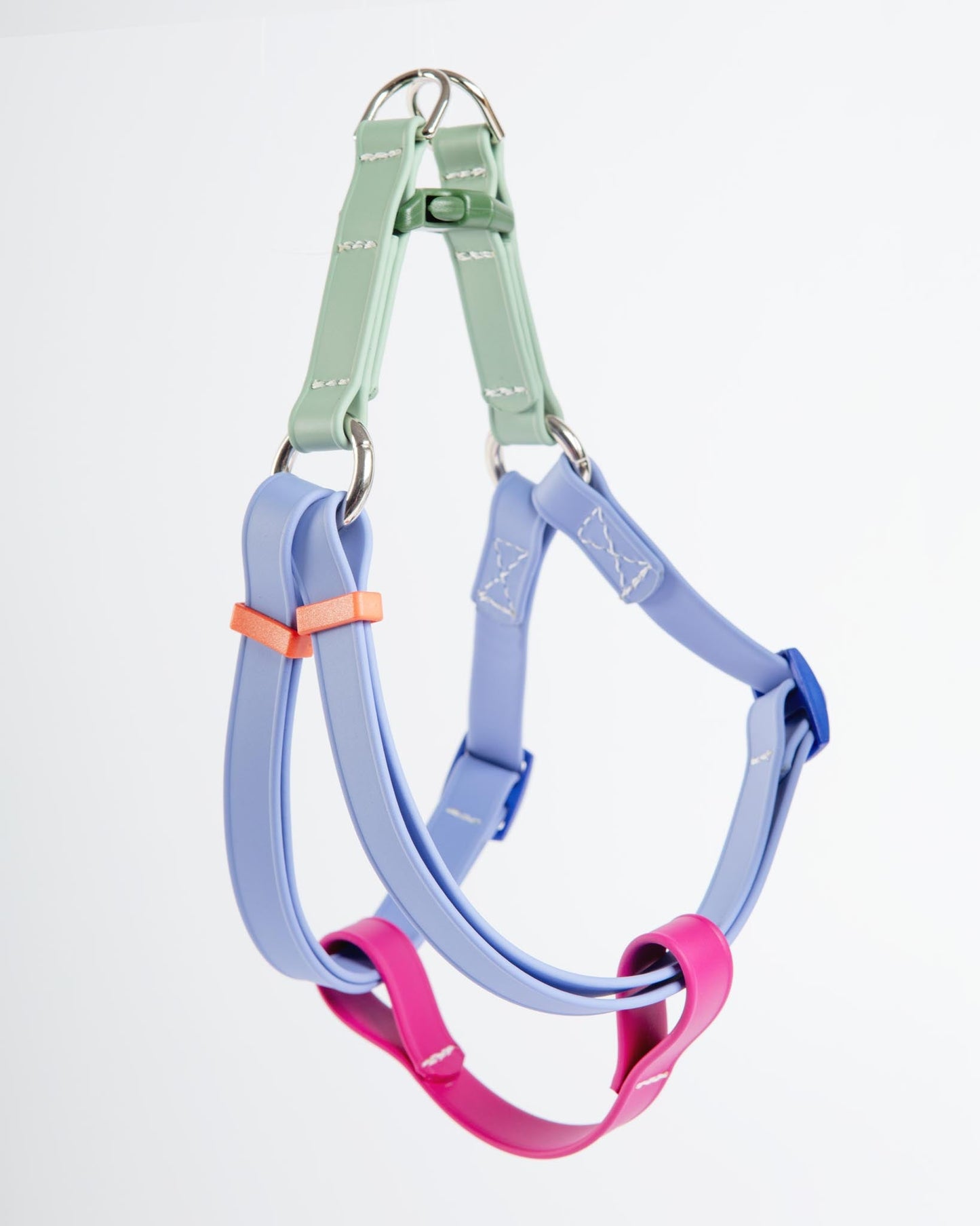 A Walk in the Park Waterproof Dog Harness in Magenta, Periwinkle, & Sage Green